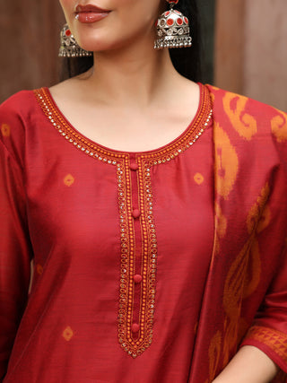 Maroon Jacquard Print 3-Piece Straight Kurta Set