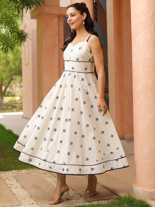 White Ethnic Motif Print Fit & Flare Dress