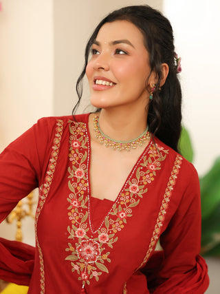 Deep Red Floral Embroidered Cotton Straight Kurta Set
