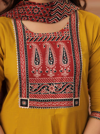 Mustard Printed 3-Piece Anarkali Kurta Set