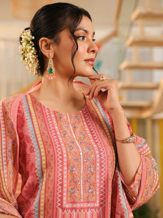 Pink Panel Print Straight Kurta Set with Pant Pocket