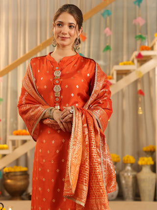 Orange Ethnic Motif Print Rayon Straight Kurta Set With Pant Pocket