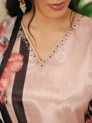 Peach Panel Print Chanderi Straight Kurta Set