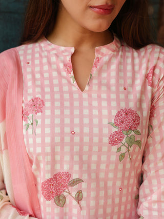 Pink Floral Print 3-Piece Straight Kurta Set