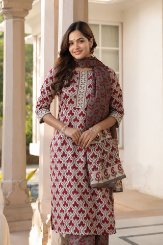 Grey Ethnic Motif Print 3-Piece Kurta Set