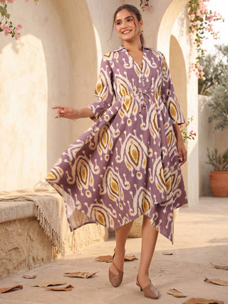 Womens Printed Shirt Collar Fit & Flare Ethnic Dresses