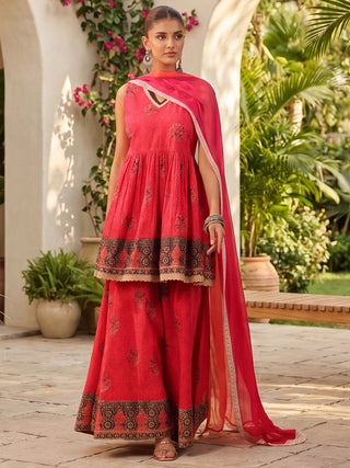 Women Ethnic Motifs Printed Empire Pure Cotton Kurta with Sharara & With Dupatta