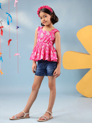 Girls Floral Printed Pure Cotton Peplum Crop Top