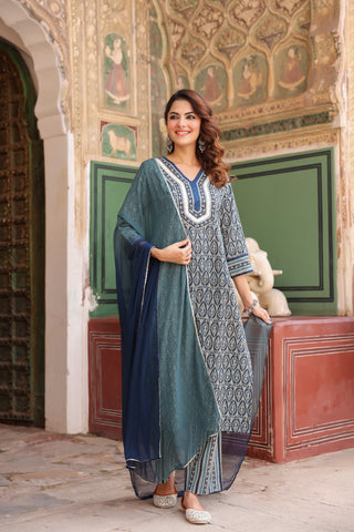 Women Ethnic Motifs Printed Regular Pure Cotton Kurta with Trousers & With Dupatta