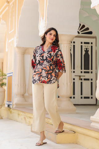 Printed Mandarin Collar Top & Trousers Co-Ords