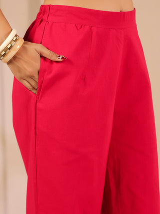 Pink Solid Cotton Trousers with Pockets