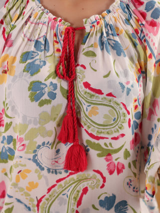 White Paisley Print Rayon Crepe Top