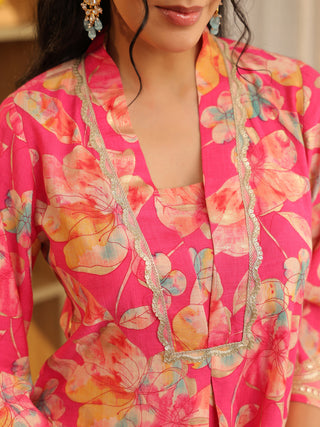 Fuchsia Pink Floral Print A-Line Kurta Set with Pocket