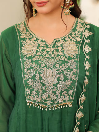 Green Embroidered Anarkali Kurta Set with Pocket