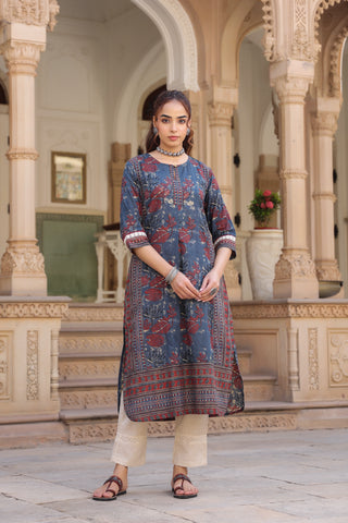 Women Floral Printed Thread Work Kurta