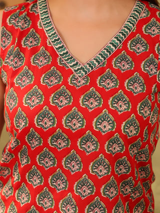 Red Printed Cotton Sleeveless Top with V-Neck