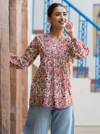 Pink Ethnic Motif Print Lace Top