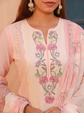 Pink Floral Embroidered 3-Piece Straight Kurta Set