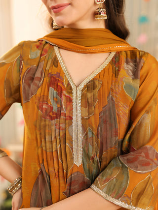 Mustard Floral Chanderi A-Line Kurta Set with Pocket