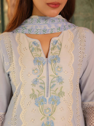 Blue Floral Embroidered Lace 3-Piece Straight Kurta Set