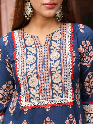 Navy Blue Mughal Print Straight 2-Piece Kurta Set