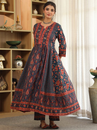 Women Ethnic Motifs Printed Pleated Pure Cotton Kurta with Trousers & With Dupatta