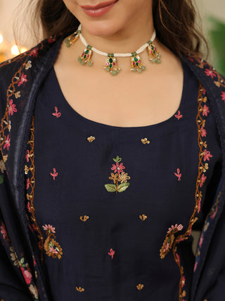 Blue Embroidered Poly Silk Straight Kurta Set