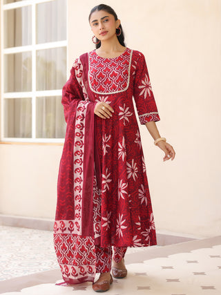 Maroon Ethnic Motif Print Fit & Flare 3-Piece Anarkali Kurta Set
