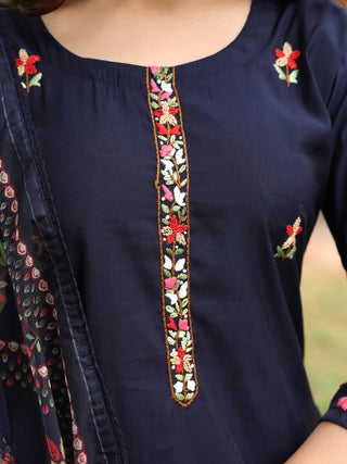 Navy Blue Floral Embroidered 3-Piece Straight Kurta Set