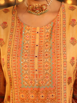 Yellow Panel Print Chanderi Straight Kurta Set With Pant Pocket