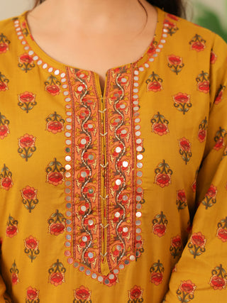 Mustard Yellow Floral Print Cotton Straight Kurta Set