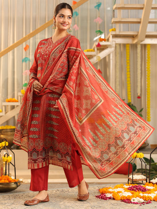 Red Panel Print Straight Kurta Set with Pant Pocket