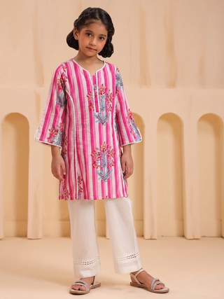 Girls Floral Striped V-Neck Kurta
