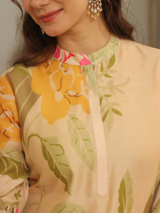 Cream Floral Straight Kurta Set with Pant Pocket