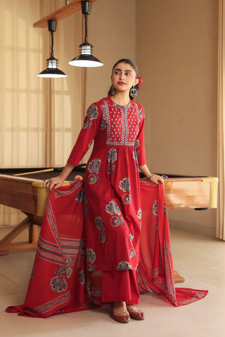 Women Ethnic Motifs Printed Regular Thread Work Pure Cotton Kurta with Trousers & With Dupatta