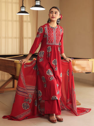 Women Ethnic Motifs Printed Regular Thread Work Pure Cotton Kurta with Trousers & With Dupatta (Copy)