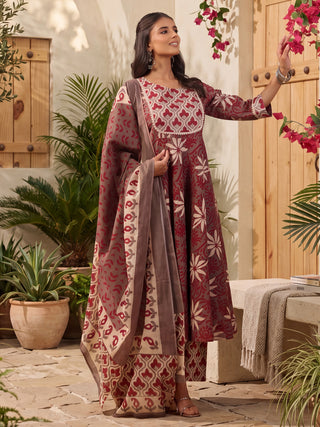 Grey Ethnic Motif Print Fit & Flare 3-Piece Anarkali Kurta Set
