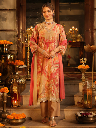 Beige Floral Print Straight Kurta Set with Pocket