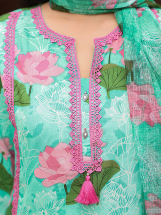 Mint Green Floral Print Straight 3-Piece Kurta Set