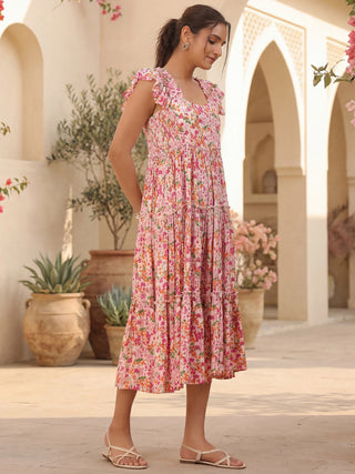Pink Floral Printed Fit-and-Flare Short Sleeves Dress