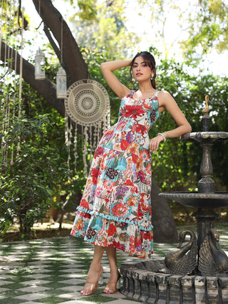 Women Multi Shoulder Strapped Floral Printed Fit and Flared Pure Cotton Ethnic Dress