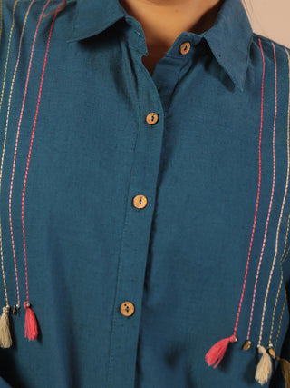 Teal blue solid embroidered cord set with shirt style tunic and matching trouser