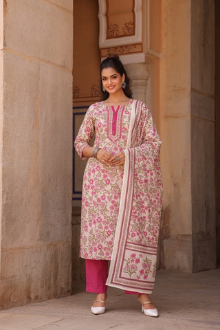 Women Ethnic Motifs Printed Regular Pure Cotton Kurta with Trousers & With Dupatta