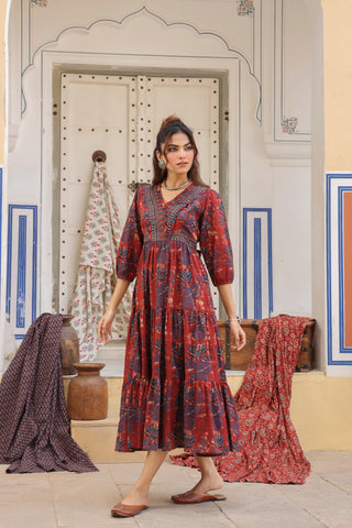 flare dress online Pink Cotton Embroidered Fit And Flare Dress