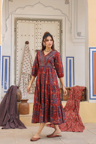 Printed V-Neck Fit and Flare Ethnic Dresses