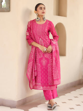 Pink Ethnic Motif Print 3-Piece Straight Kurta Set