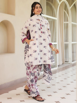 Off White Ethnic Motif Print Lace 3-Piece A-Line Kurta Set