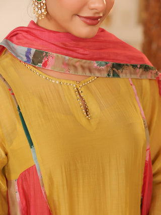 Yellow Beaded Chanderi Anarkali Kurta Set with Pocket