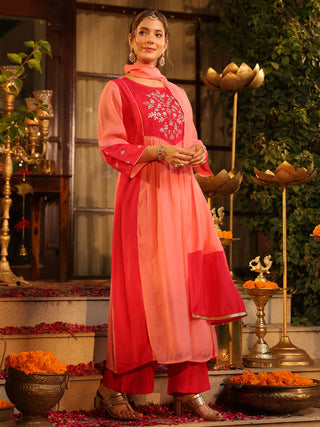 Pink Embroidered Yoke A-Line Kurta Set with Pocket