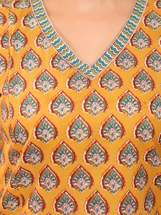 Mustard Printed Cotton Sleeveless Top with V-Neck